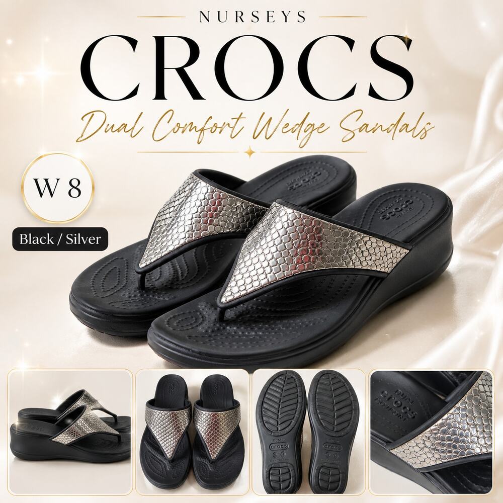 CROCS Black & Silver Wedge Thong Sandals